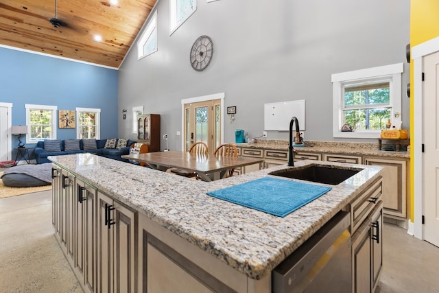 kitchen with high vaulted ceiling, sink, stainless steel dishwasher, a kitchen island, and wood ceiling