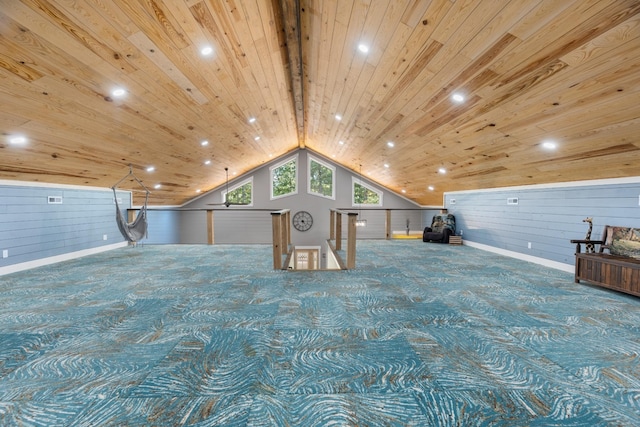 additional living space featuring carpet flooring, wooden walls, wood ceiling, and lofted ceiling