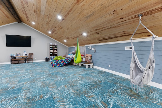 playroom featuring wood walls, carpet, wood ceiling, and lofted ceiling