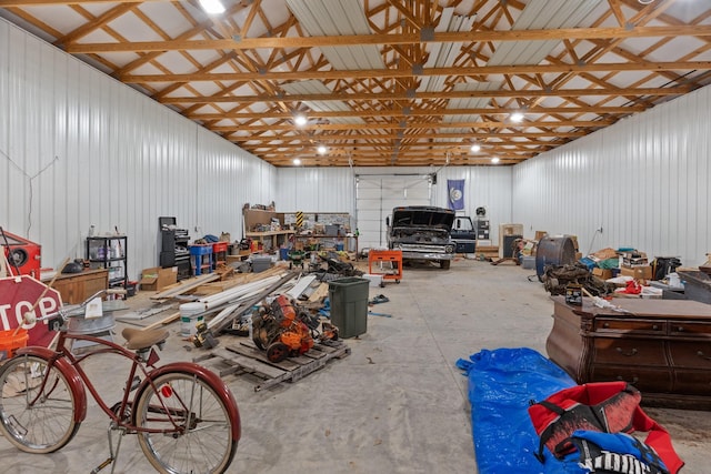 garage with a workshop area