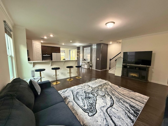 living room with dark hardwood / wood-style floors and crown molding