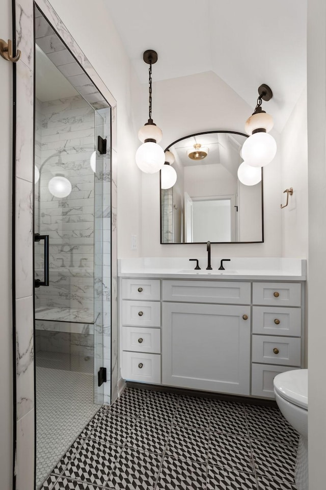 bathroom with vanity, toilet, and a shower with shower door