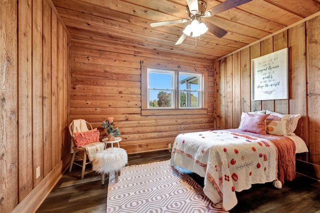 bedroom featuring wood-type flooring, ceiling fan, and wood ceiling