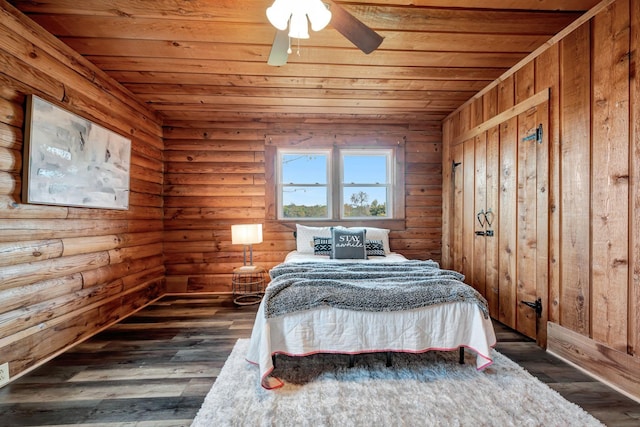 unfurnished bedroom with ceiling fan, log walls, wood ceiling, and dark hardwood / wood-style floors