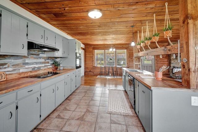 kitchen featuring black appliances, butcher block counters, hanging light fixtures, and wood ceiling