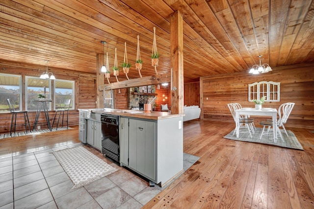 kitchen featuring dishwasher, wooden walls, gray cabinets, decorative light fixtures, and wood ceiling