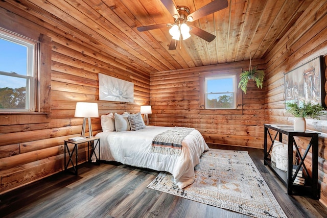 bedroom featuring ceiling fan, log walls, wooden ceiling, and dark hardwood / wood-style floors