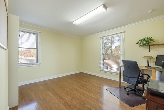 office area featuring crown molding and light hardwood / wood-style flooring