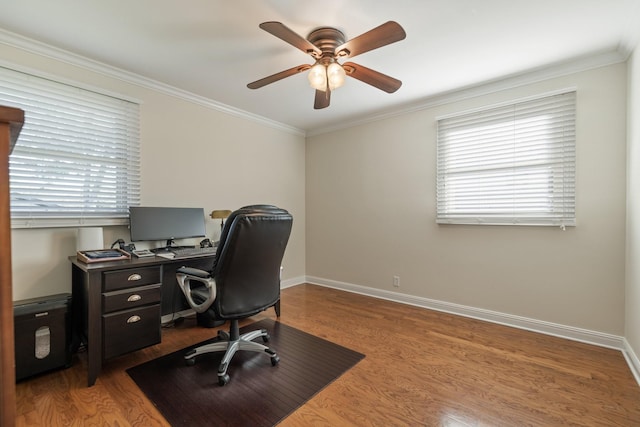 office area featuring hardwood / wood-style flooring, ceiling fan, plenty of natural light, and ornamental molding