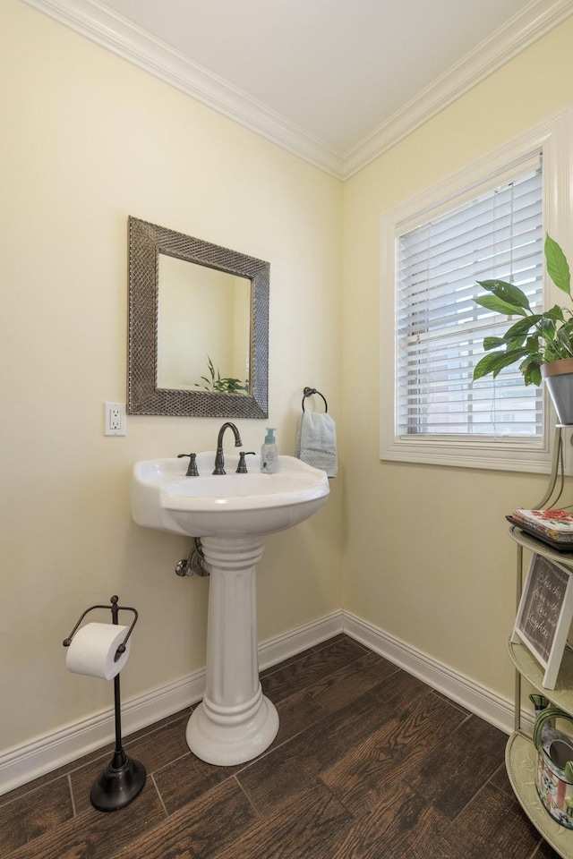 bathroom featuring wood-type flooring and ornamental molding