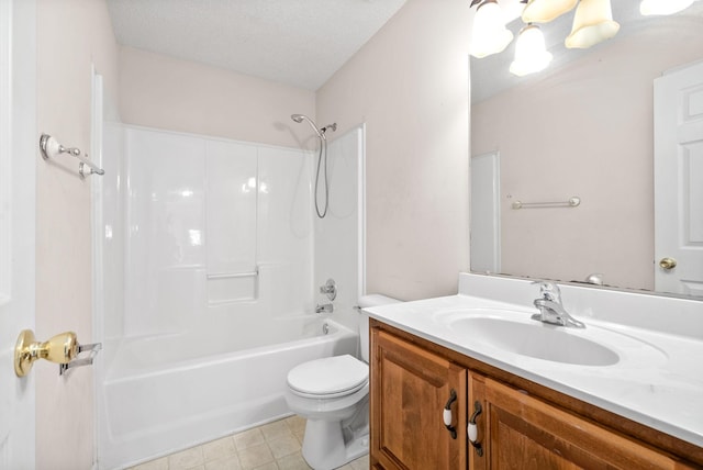 full bathroom featuring vanity, shower / bathtub combination, toilet, and a textured ceiling