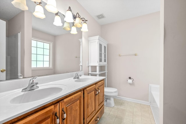 bathroom featuring toilet, vanity, a bath, and a notable chandelier