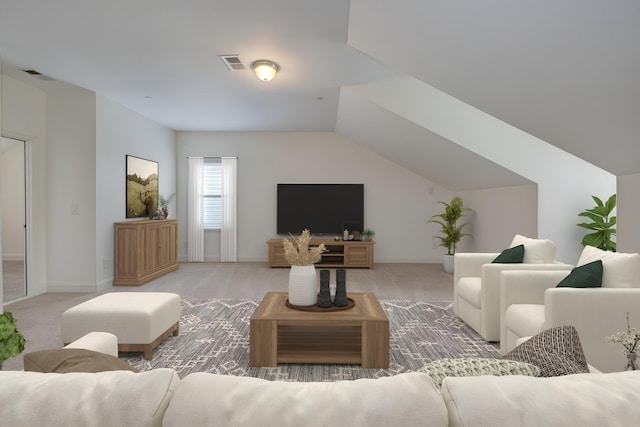 carpeted living room with lofted ceiling