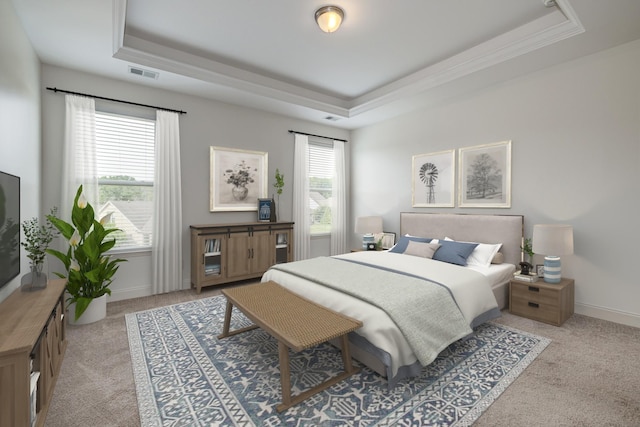 bedroom featuring light carpet and a raised ceiling