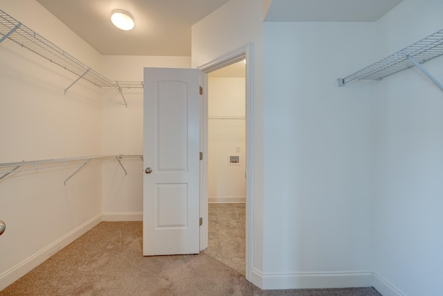 walk in closet with light carpet