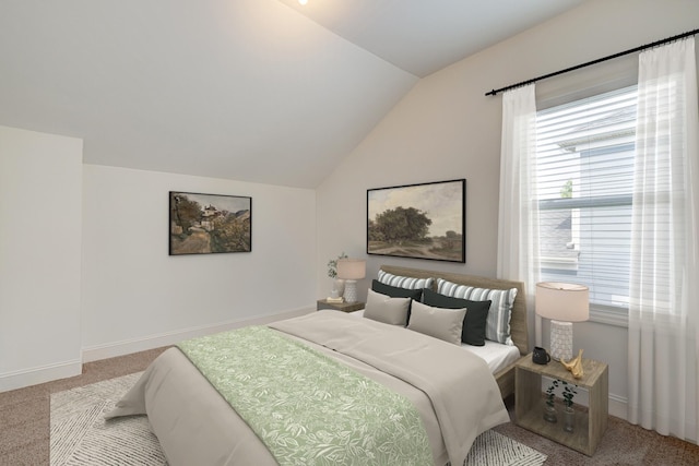 bedroom with lofted ceiling and light carpet