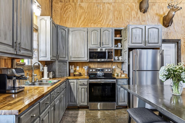 kitchen with gray cabinets, sink, appliances with stainless steel finishes, and wood counters