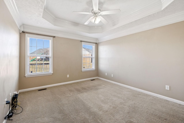 carpeted spare room featuring a raised ceiling, ceiling fan, and ornamental molding