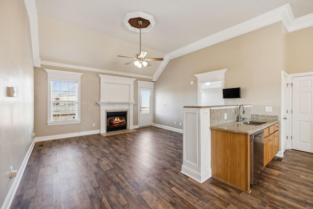 kitchen featuring crown molding, ceiling fan, sink, and stainless steel dishwasher