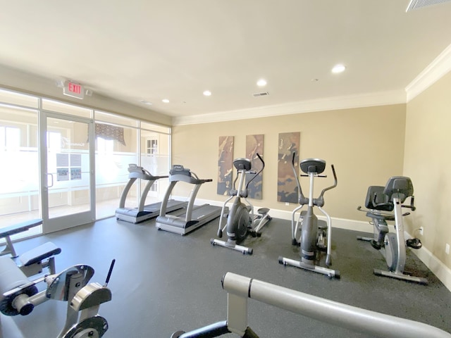 workout area with a healthy amount of sunlight and ornamental molding