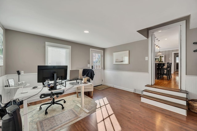 office area featuring dark wood-style floors, recessed lighting, wainscoting, and visible vents