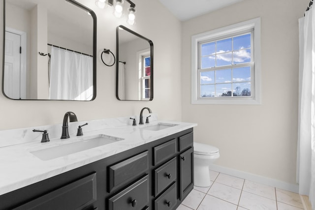 bathroom featuring toilet, tile patterned flooring, and vanity