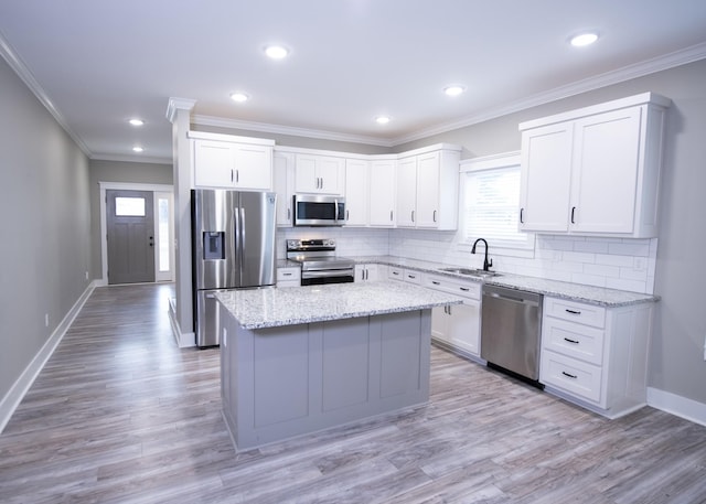 kitchen featuring sink, white cabinets, and stainless steel appliances