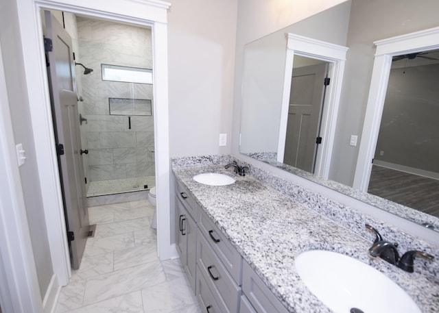 bathroom with vanity, toilet, and a tile shower