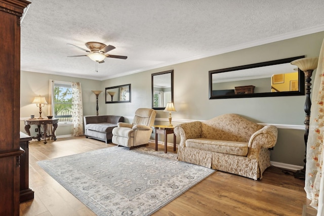 living room with a textured ceiling, light hardwood / wood-style floors, and crown molding