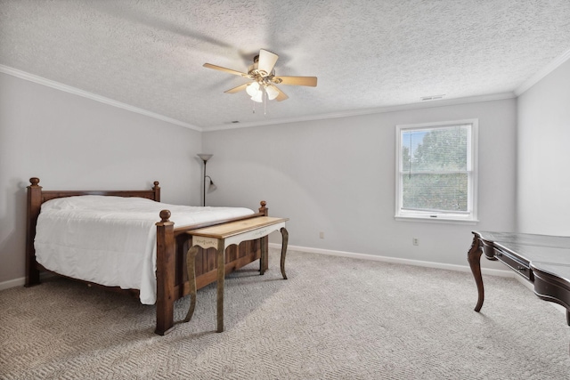 carpeted bedroom with a textured ceiling, ceiling fan, and crown molding