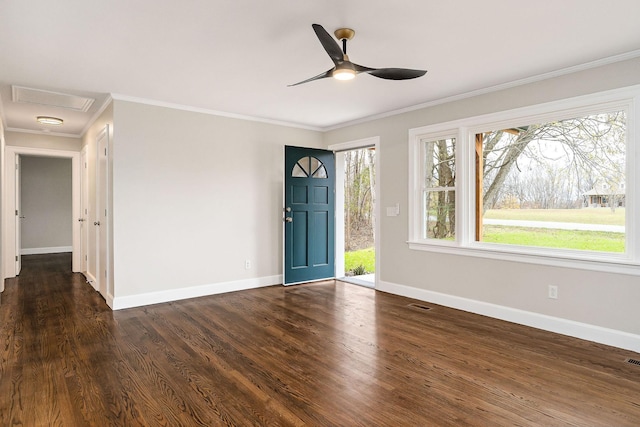 foyer entrance featuring ceiling fan, crown molding, and dark wood-type flooring