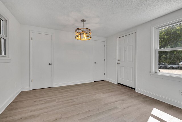 entryway with a chandelier, a textured ceiling, light hardwood / wood-style flooring, and a wealth of natural light