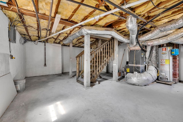 basement with heating unit and water heater