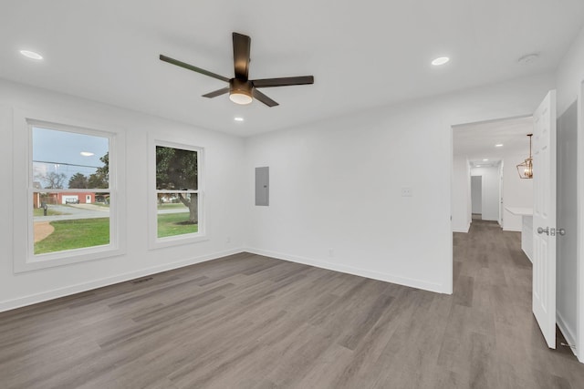 spare room with wood-type flooring, electric panel, and ceiling fan