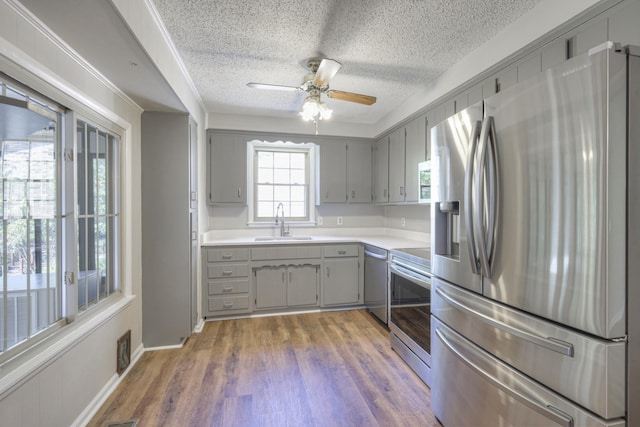 kitchen featuring gray cabinetry, ceiling fan, sink, and stainless steel appliances