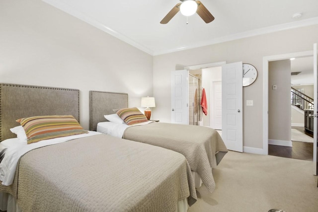 bedroom featuring carpet flooring, ceiling fan, and ornamental molding