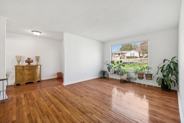 living room with hardwood / wood-style flooring and a textured ceiling