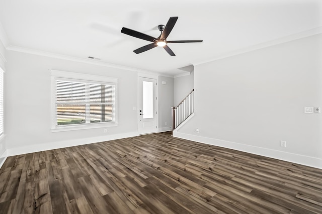 unfurnished living room featuring crown molding, dark hardwood / wood-style floors, and ceiling fan