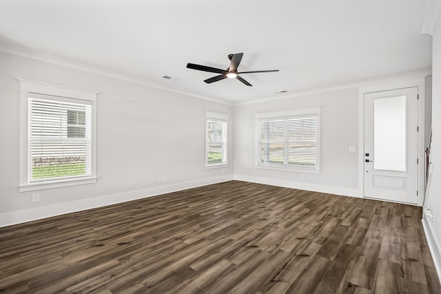 unfurnished living room with dark wood-type flooring, ornamental molding, and ceiling fan