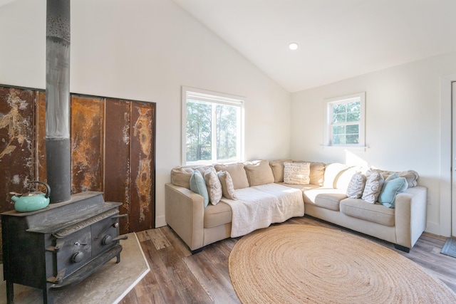 living room featuring a wood stove, high vaulted ceiling, and dark wood-type flooring