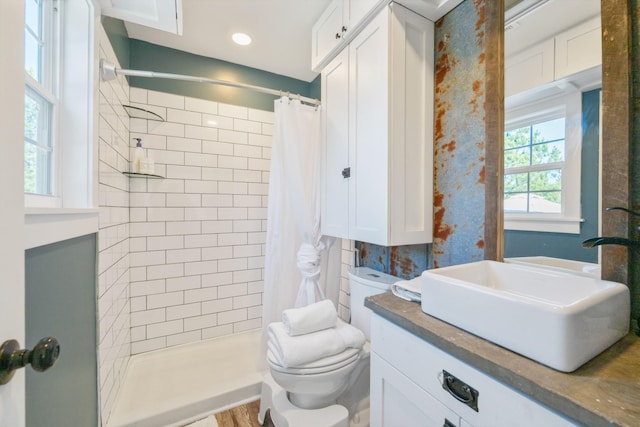 bathroom featuring a shower with curtain, vanity, and toilet