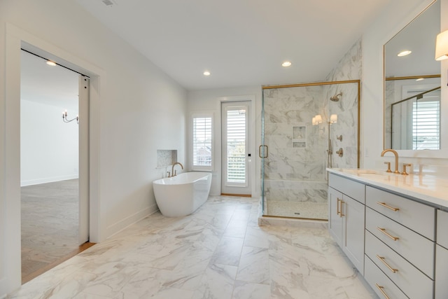 bathroom with vanity and plus walk in shower