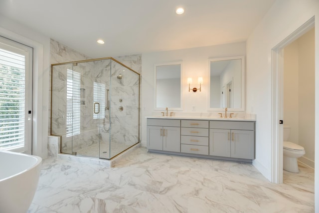 full bathroom featuring vanity, toilet, and independent shower and bath