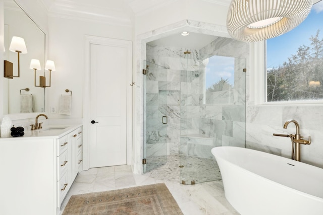 bathroom with shower with separate bathtub, tile walls, ornamental molding, and vanity