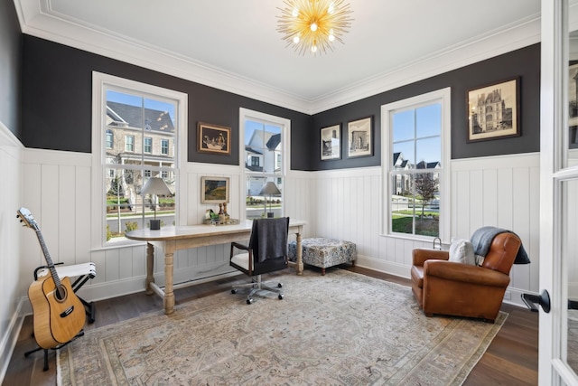 office area with a notable chandelier, ornamental molding, and hardwood / wood-style floors