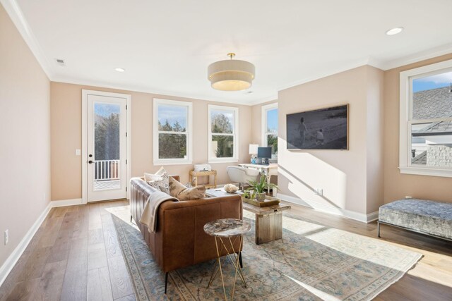 living room featuring plenty of natural light, wood-type flooring, and crown molding