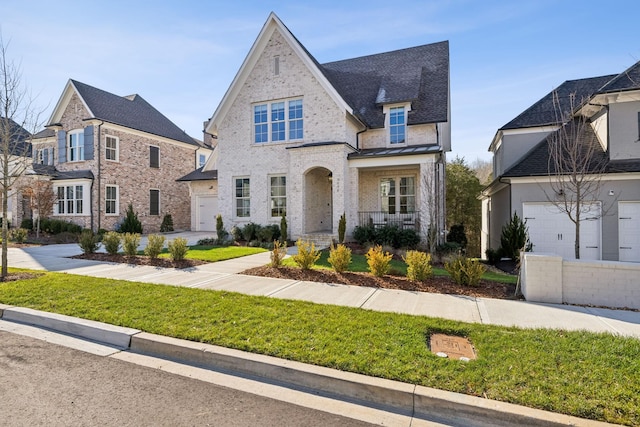 view of front of house with a front yard, covered porch, and a garage