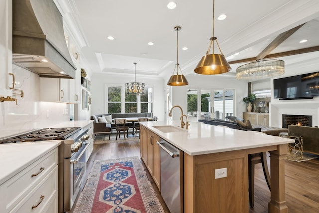 kitchen featuring white cabinetry, stainless steel appliances, an island with sink, sink, and custom range hood