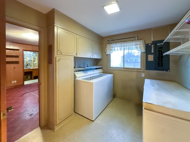 laundry area with washer and clothes dryer, electric panel, and cabinets