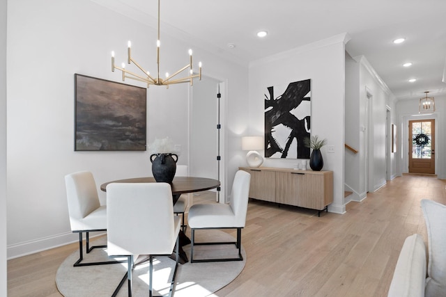 dining area featuring light hardwood / wood-style floors, ornamental molding, radiator heating unit, and a chandelier